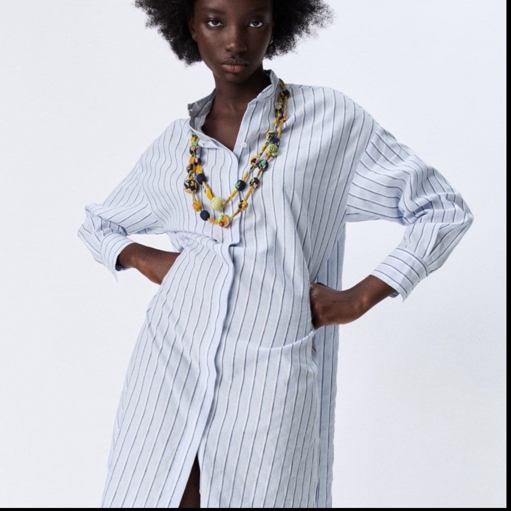 Zara Long Sleeve Striped Dress in White and Blue